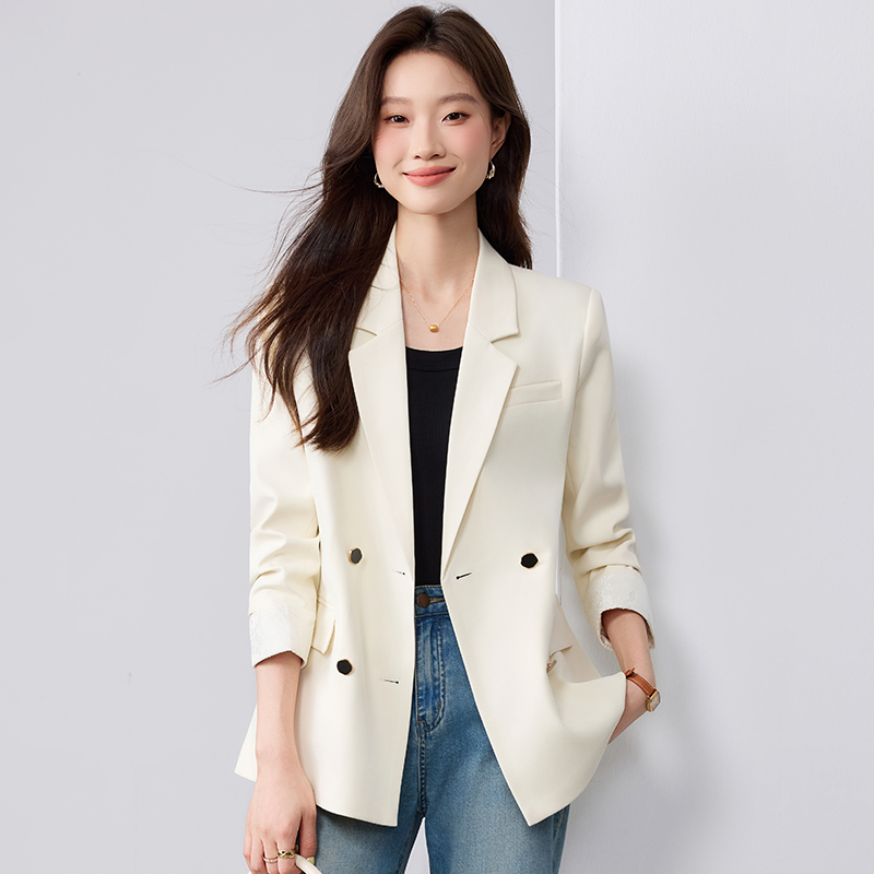 2025年春秋新款宽松中长款双排扣气质长袖时尚休闲百搭西装外套女
