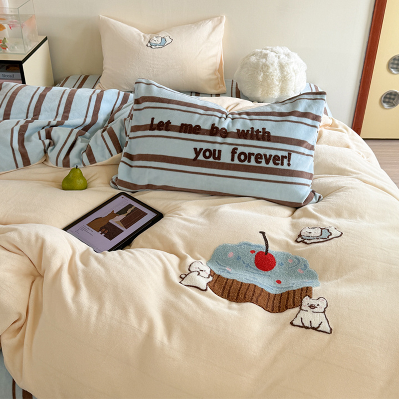 秋冬加厚保暖毛巾绣小清新牛奶绒三四件套学生宿舍床单被套床品