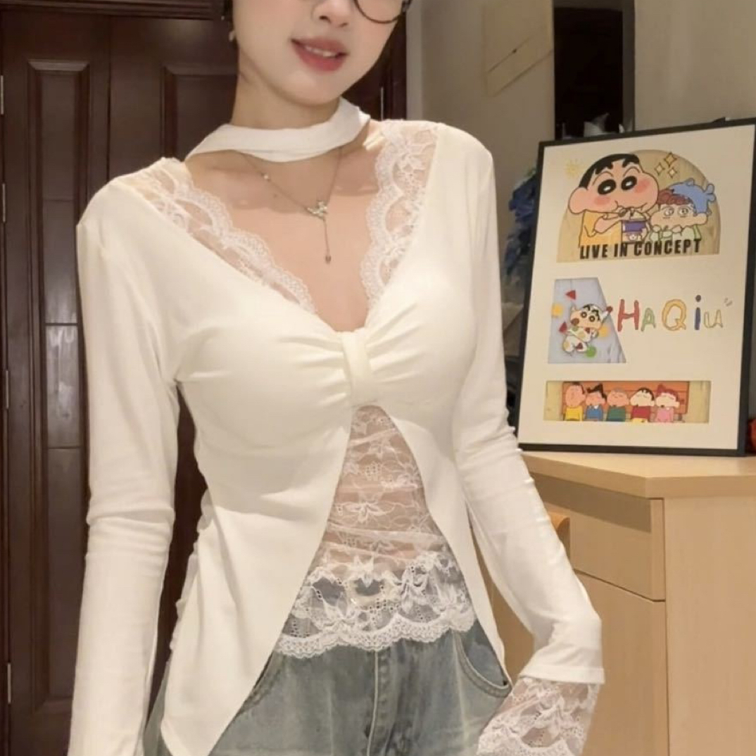 纯欲少女风蕾丝拼接假两件V领长袖秋季百搭打底上衣