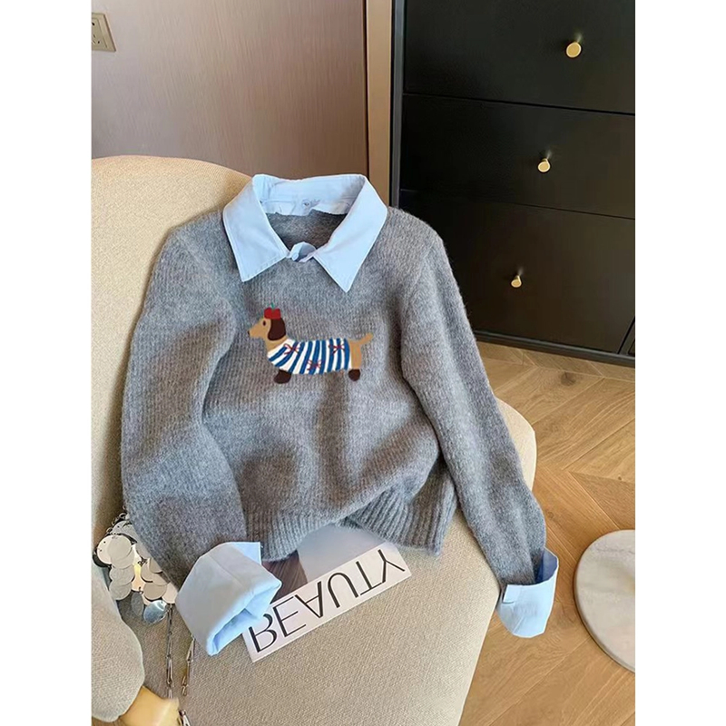欧货重工流行漂亮软糯洋气卡通灰色假两件针织衫女2024年新款毛衣
