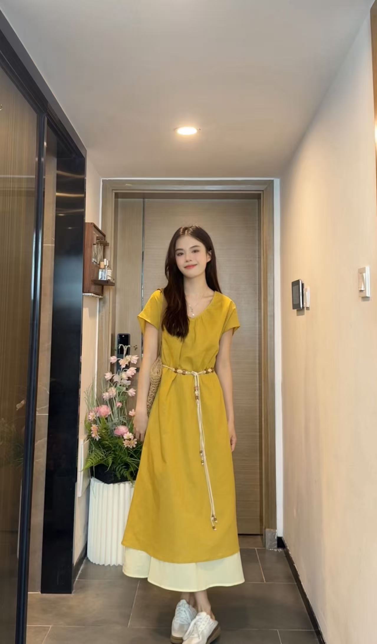 AN.XIN【荔枝清酒】超显白温柔假两件叠穿感宽松收腰连衣裙3386