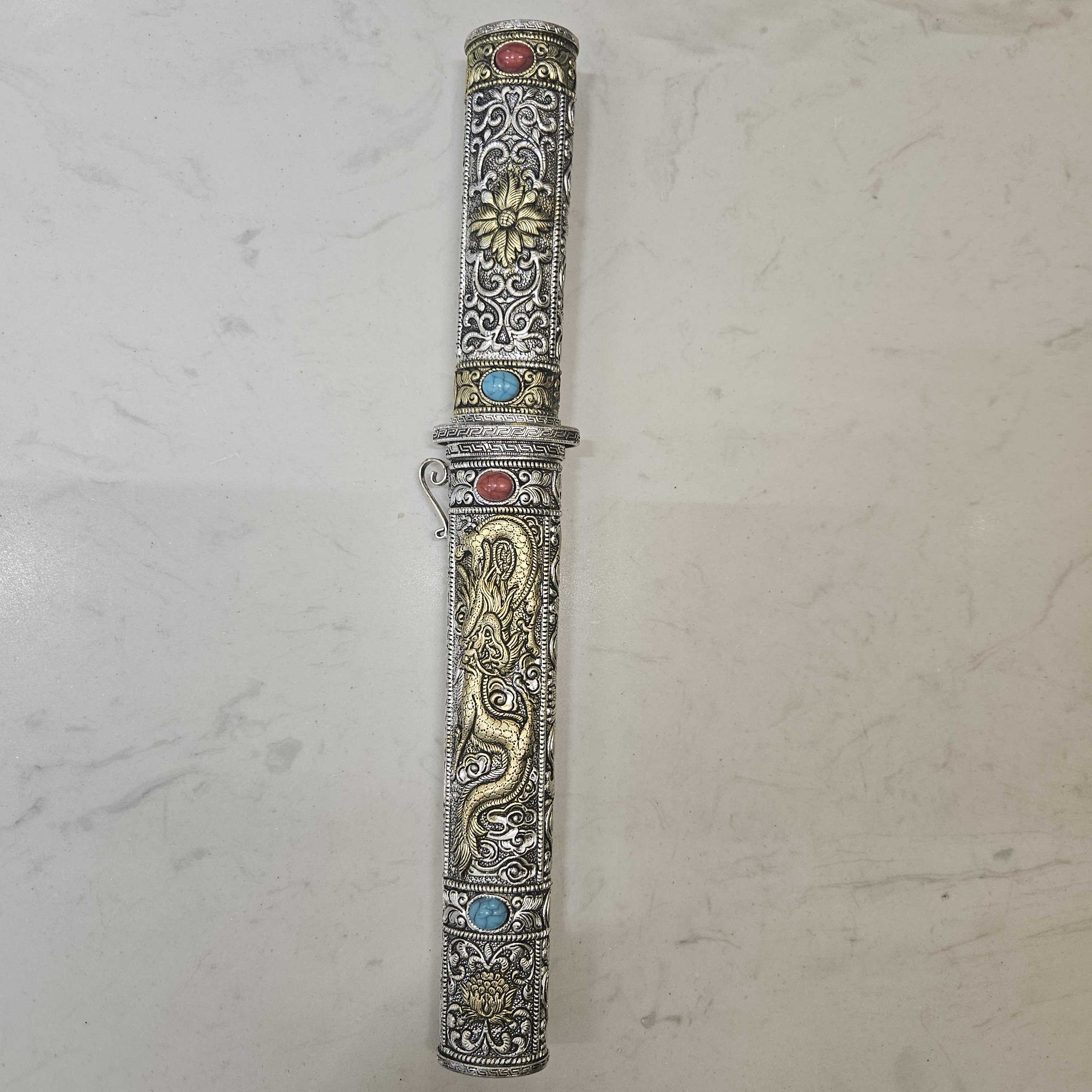 【全长27】长款/新品藏银  龙凤直刀水果刀