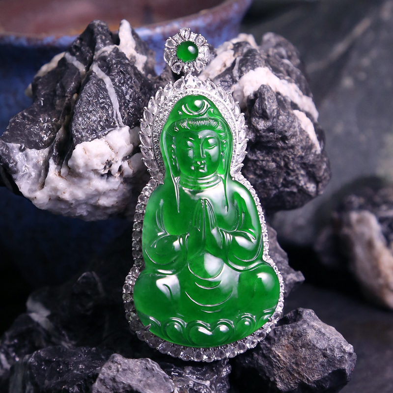 翠贤堂【官方】933冰种满绿翡翠吊坠观音