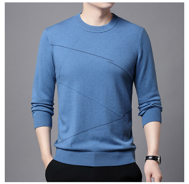 100%山羊绒男士新款冬季圆领羊绒衫蓝色条纹