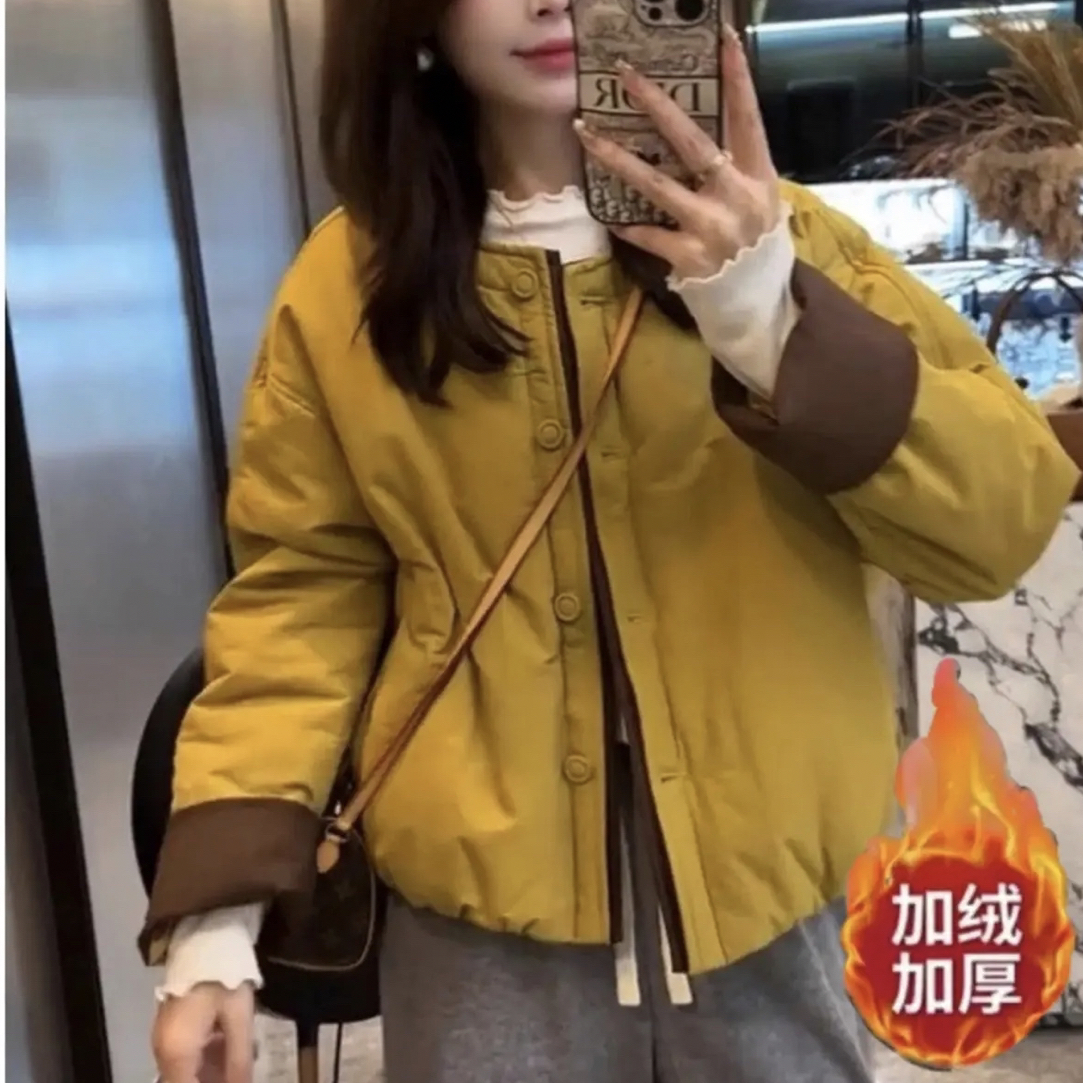 【小火炉加绒巨暖和】撞色圆领设计感棉服冬季新款时尚宽松棉衣