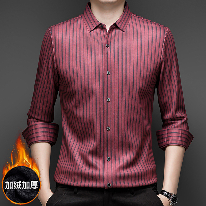 【绵羊毛】【可机洗】2025男士衬衫秋冬加绒加厚保暖高弹条纹休闲衬衣