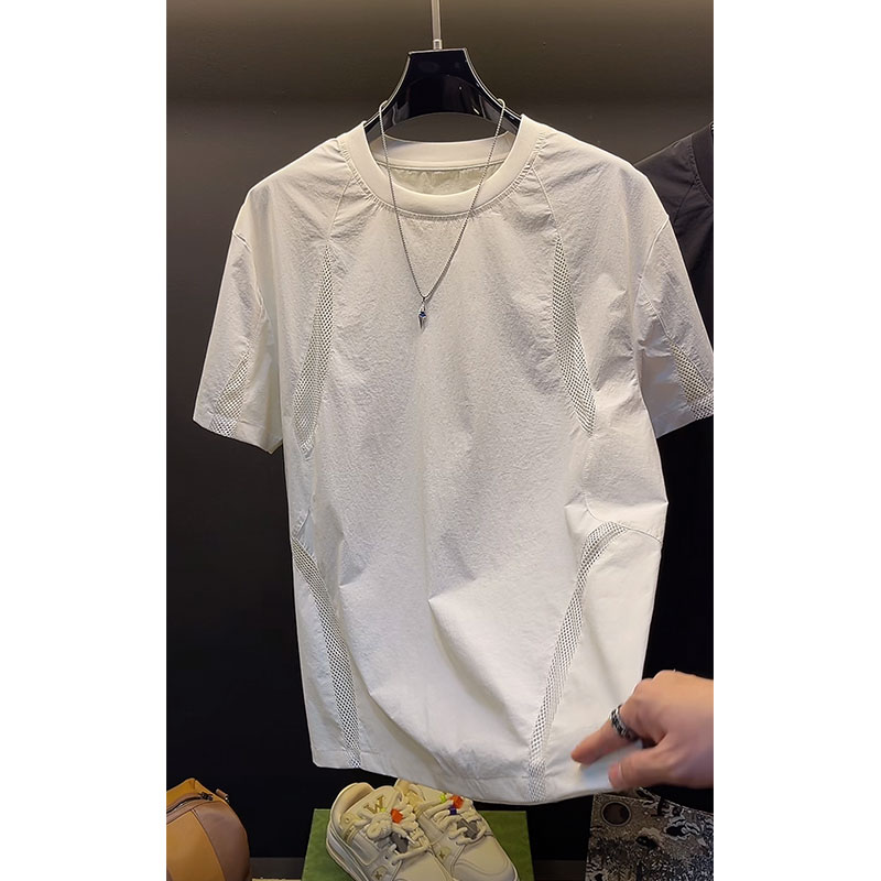 C9274高定休闲男装上衣2025夏季新款ins设计感网格拼接白色T恤
