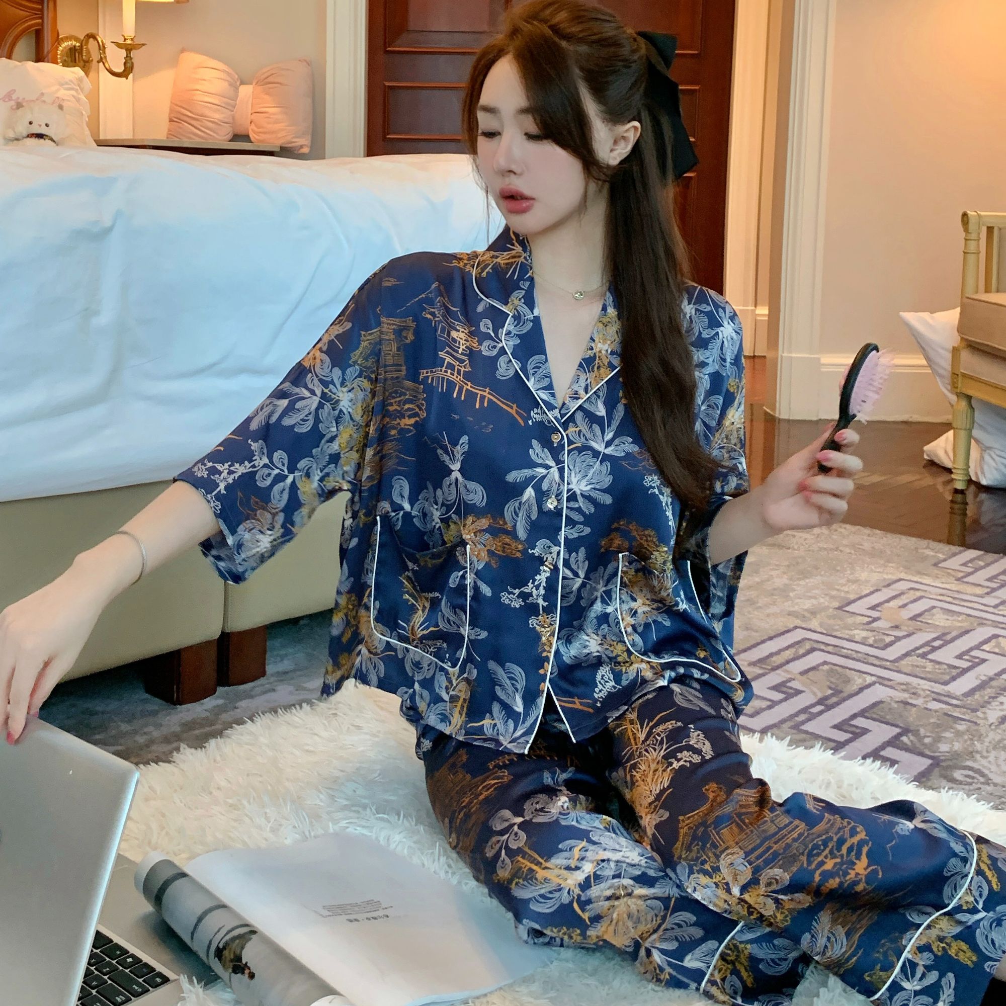 睡衣女款夏季薄款七分袖短裤家居服2025新款轻奢三件套可外穿