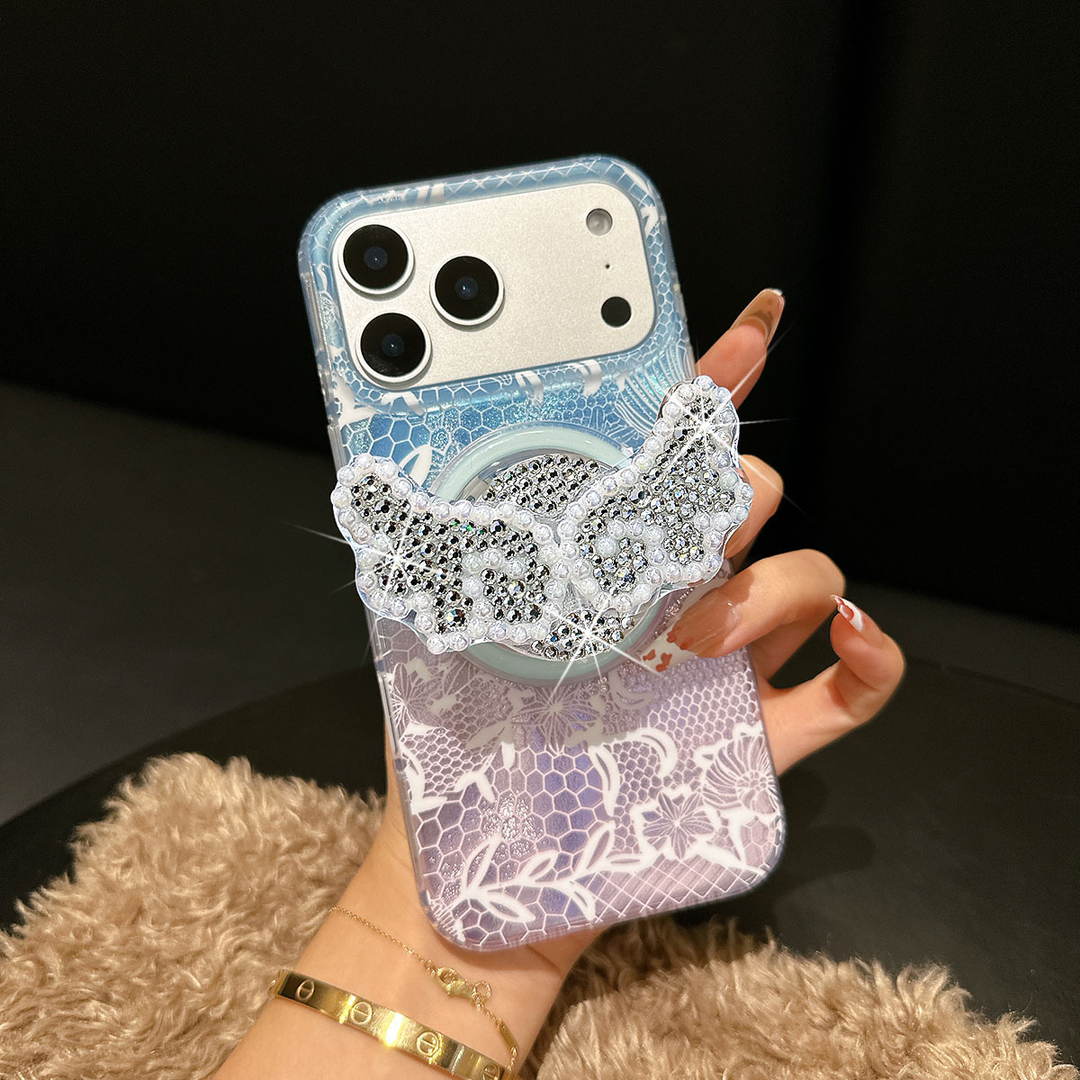 高定手工钻磁吸气囊支架适用苹果17promax手机壳16潮15闪钻14防摔