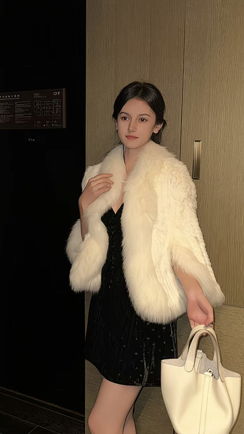 兔毛加狐狸皮编织拼接斗篷披肩女短袖外套