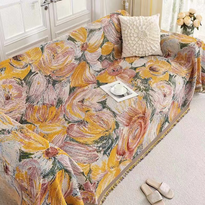 【锦簇向阳】90*180高端轻奢美式印花纯绵沙发垫沙发巾简约多功能