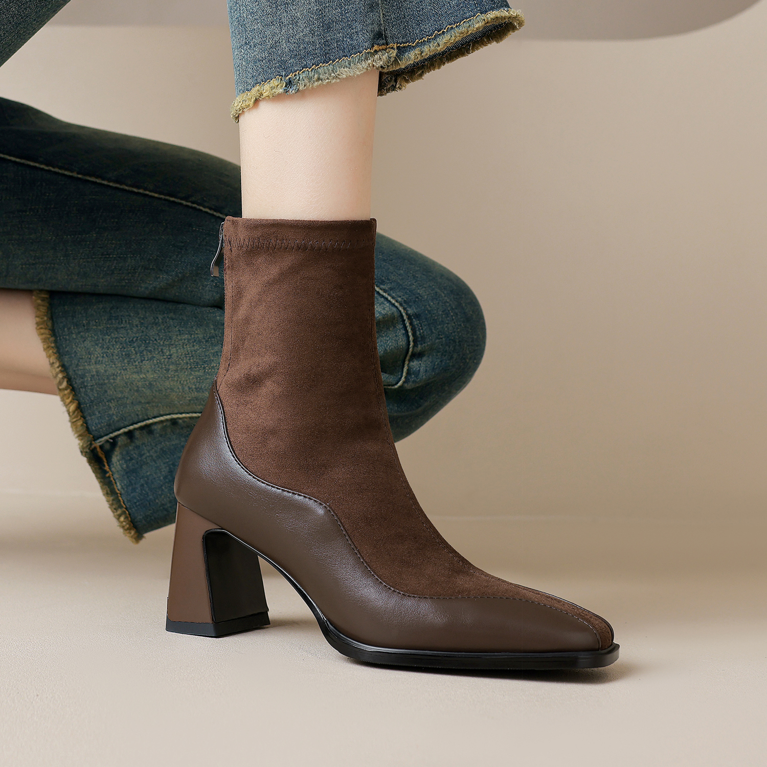 【跟高5cm】百搭复古方头高跟短靴弹力靴女粗跟瘦瘦靴显瘦秋冬新款