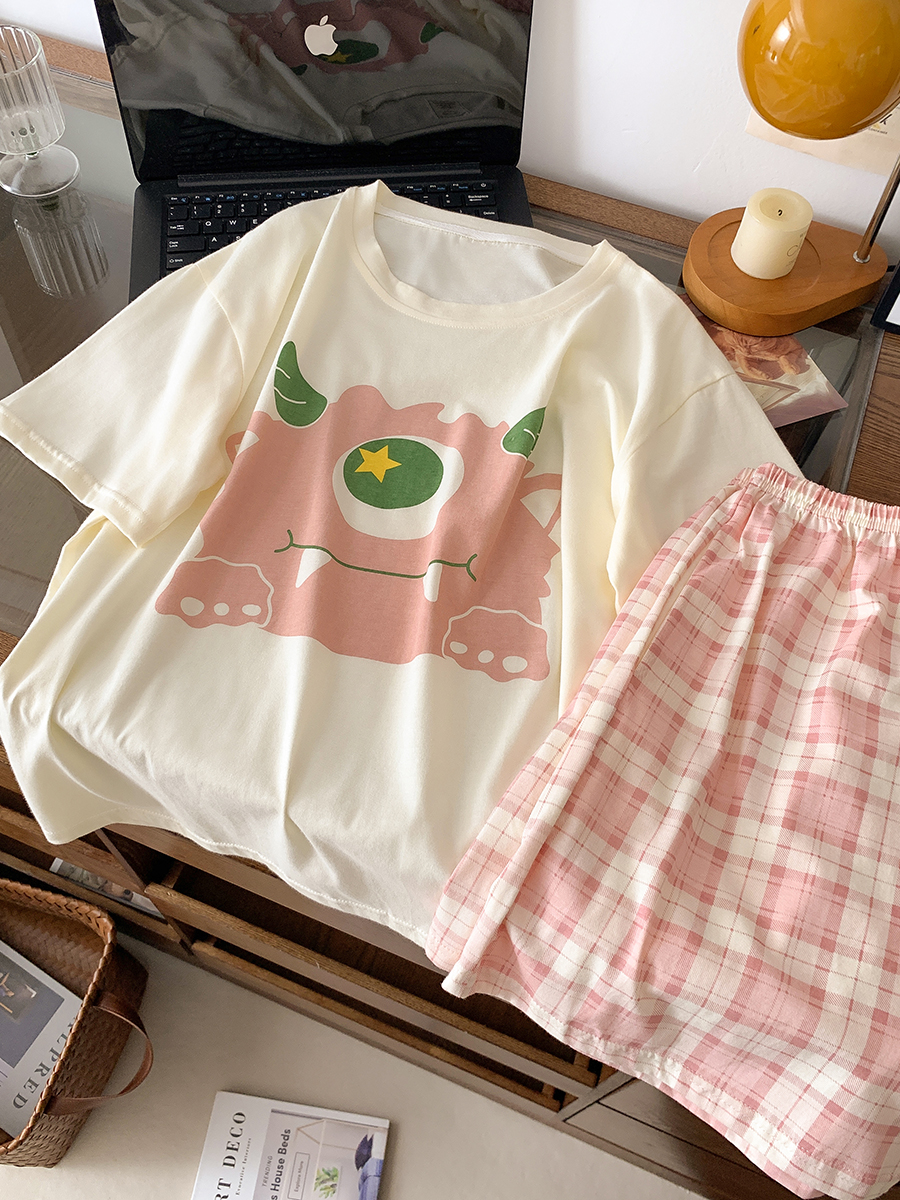 【独眼仔】卡通纯棉套头睡衣女夏季短袖短裤少女凉爽家居服可外穿