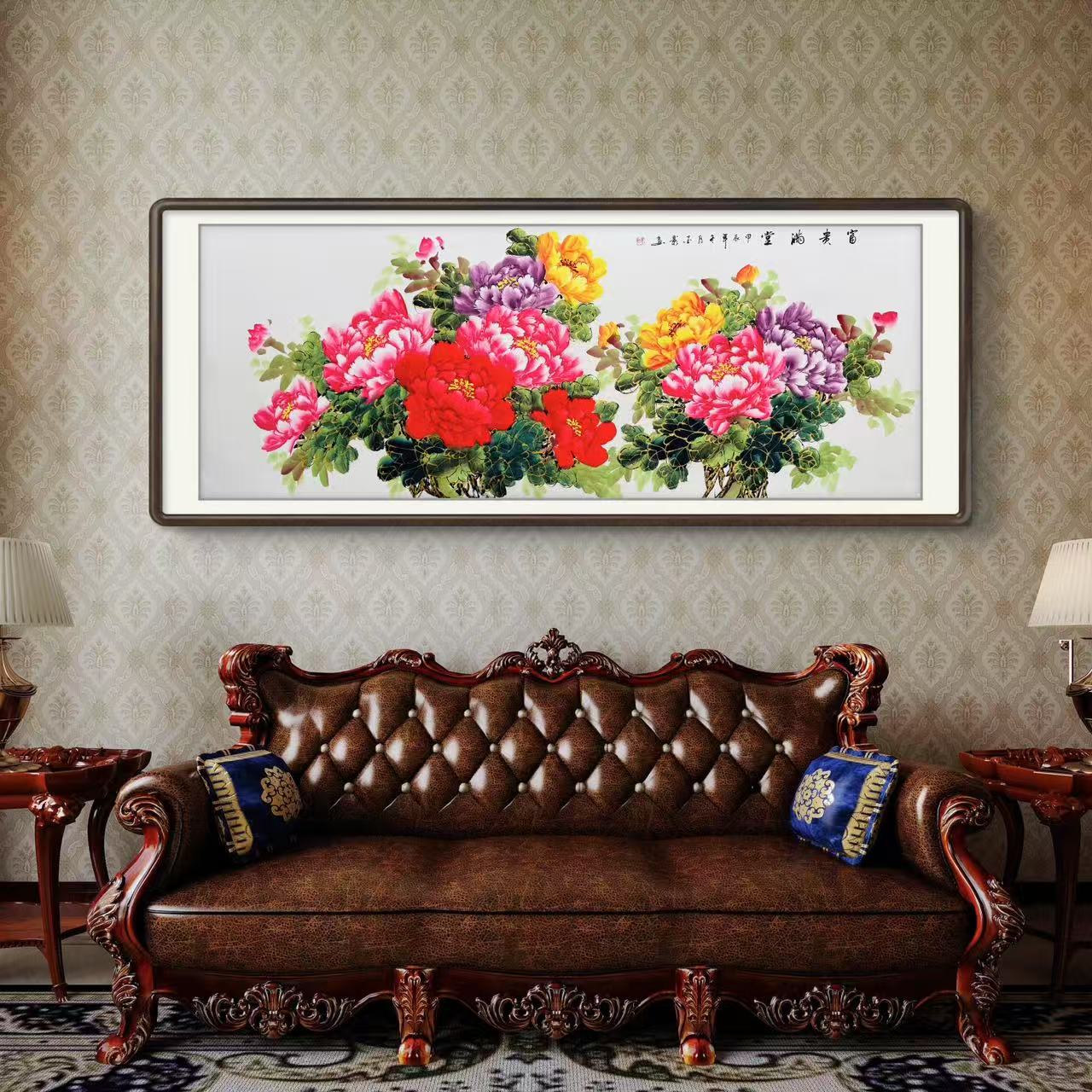 《富贵满堂》手绘牡丹图六尺手工画国画横幅客厅办公室挂画文玩探宝