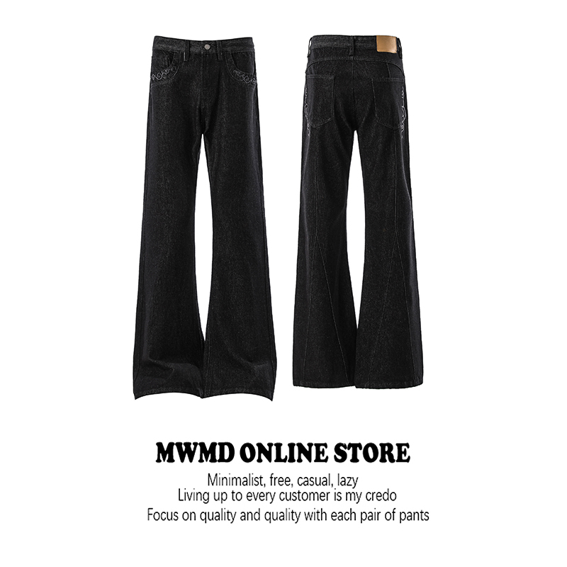 MWMD 美式复古纹理刺绣原色牛仔裤男cleanfit高街宽松微喇长裤