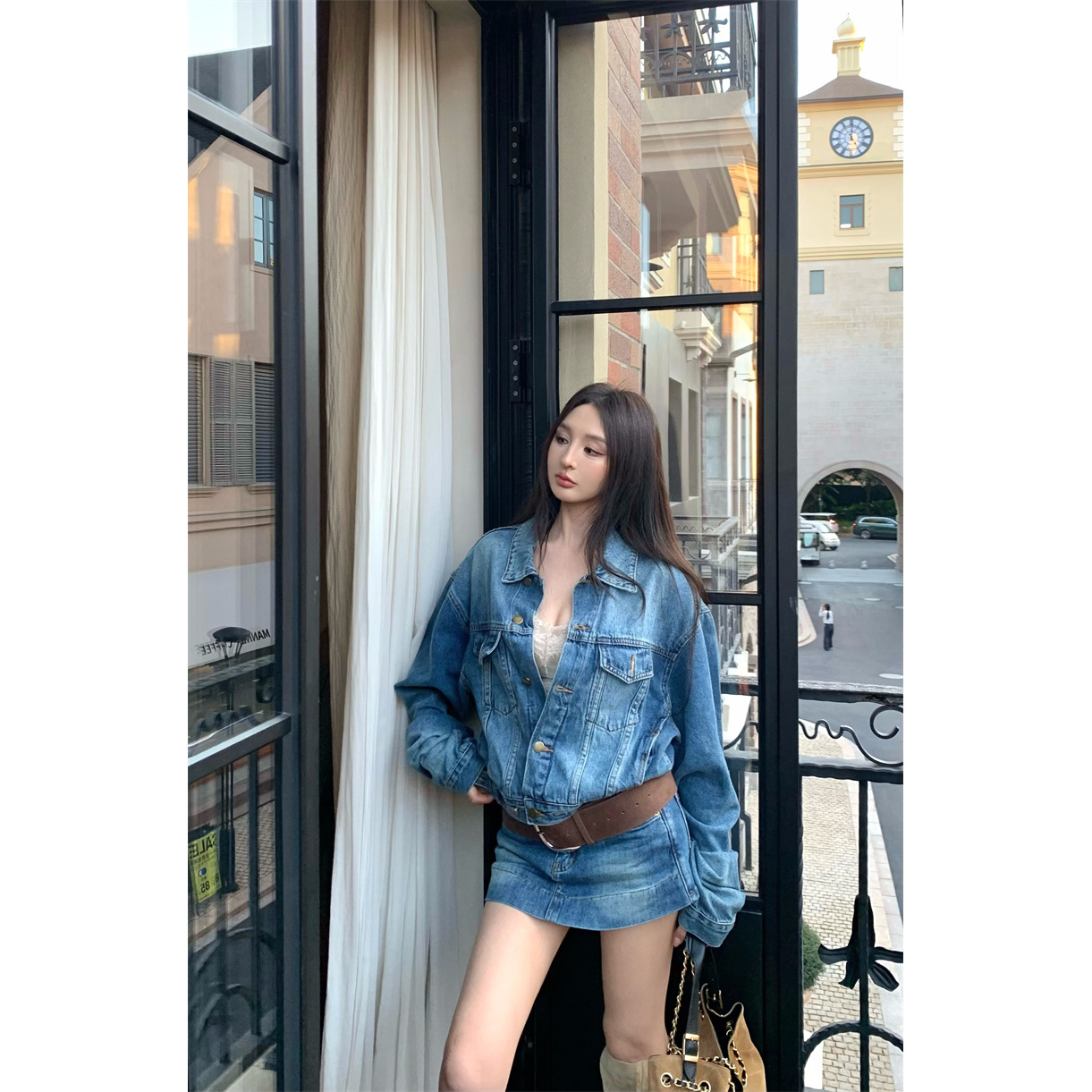 时髦复古气质设计感辣妹牛仔短裙外套套装#66516