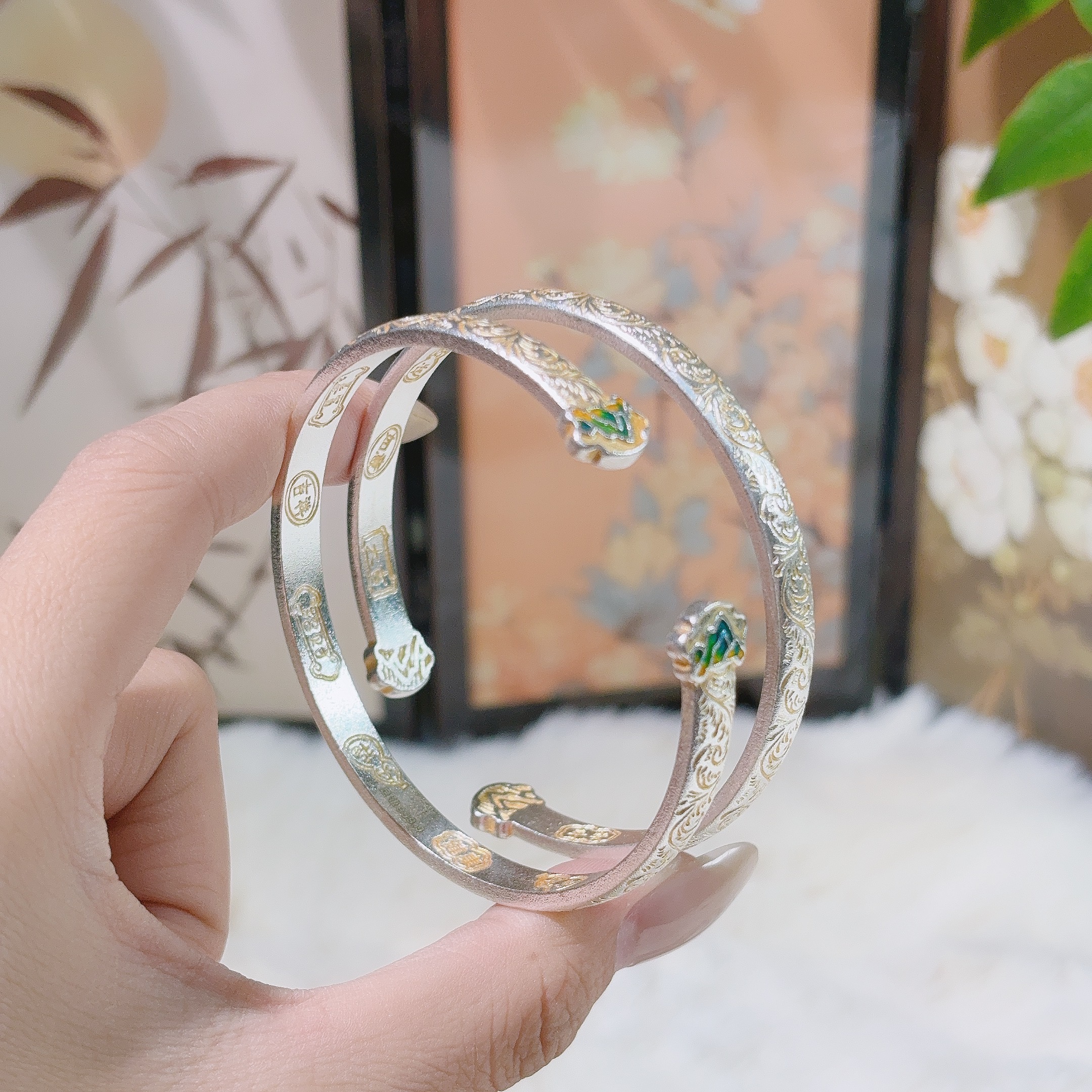 足银手镯 【银川银楼】19足银999.9千里江山描金银手镯珐琅彩唐草纹