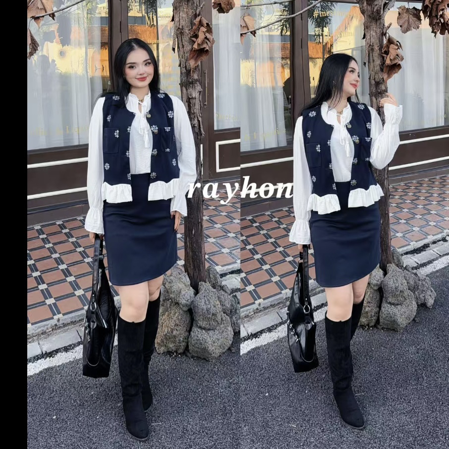 Rayhon三件套秋季老钱风藏青色百搭出游小香风裤子