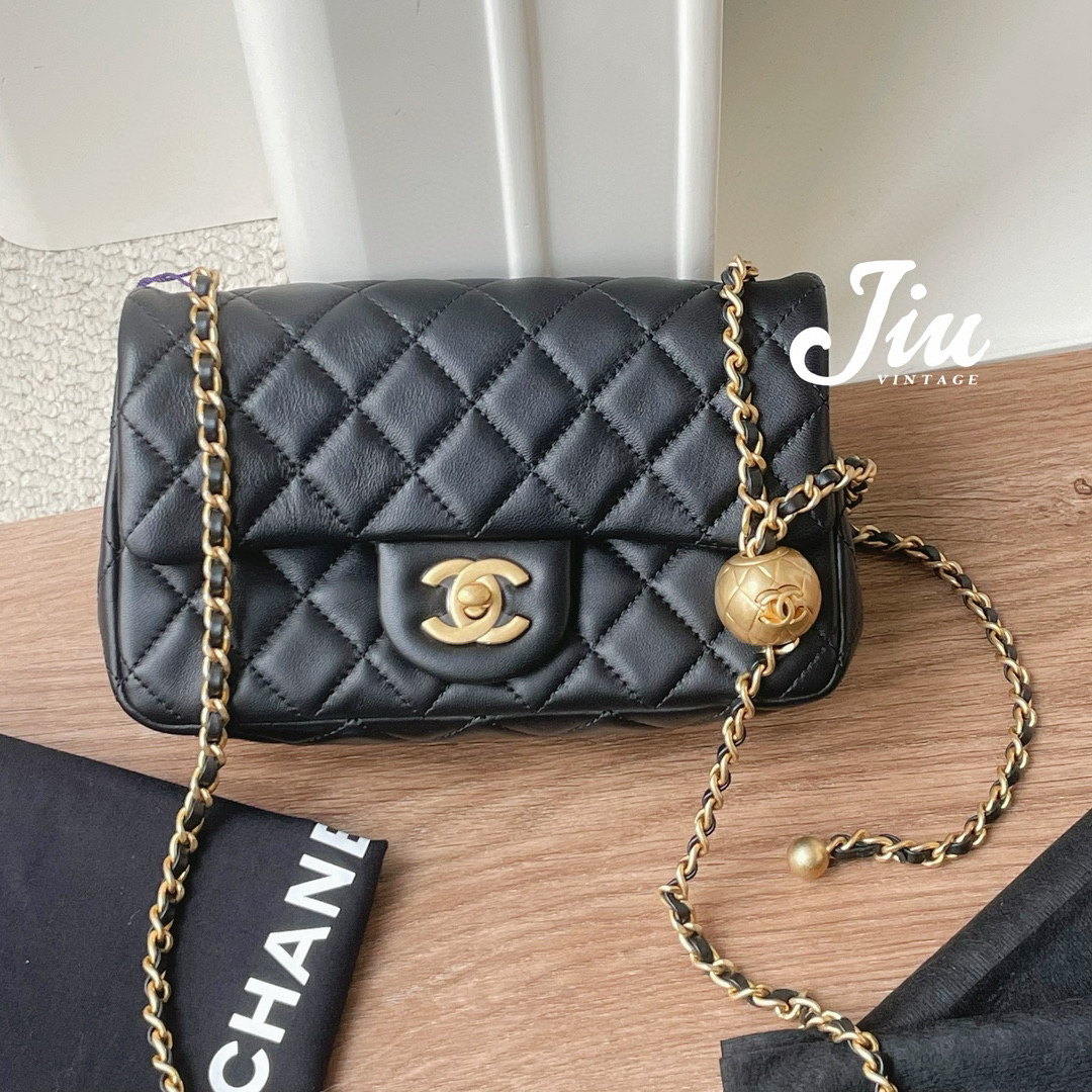 99新 Chanel/香奈儿 黑金羊皮金球大mini芯片闲置BJM2-7634