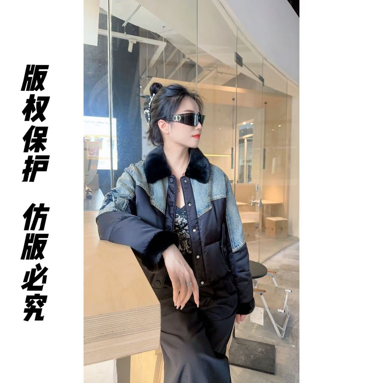 【正版原版】提花面料 重工刺绣 水貂毛领牛仔拼接鹅绒服 海宁新款