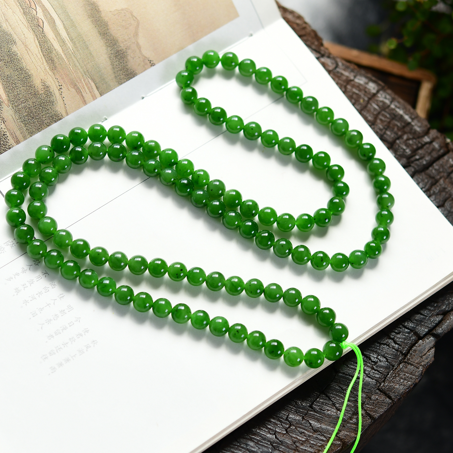 天然和田玉俄料7号矿碧玉圆珠菠菜绿8mm多圈佛珠链绿色男女微黑点
