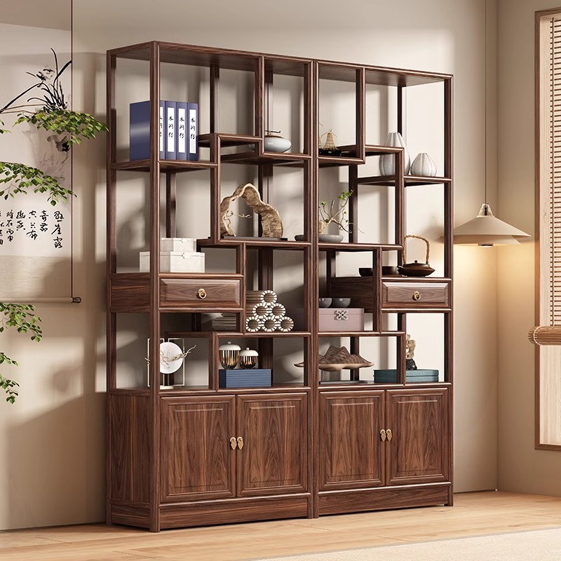 【博古架】两门一中斗新中式实木办公室茶叶架玄关隔断展示柜置物架