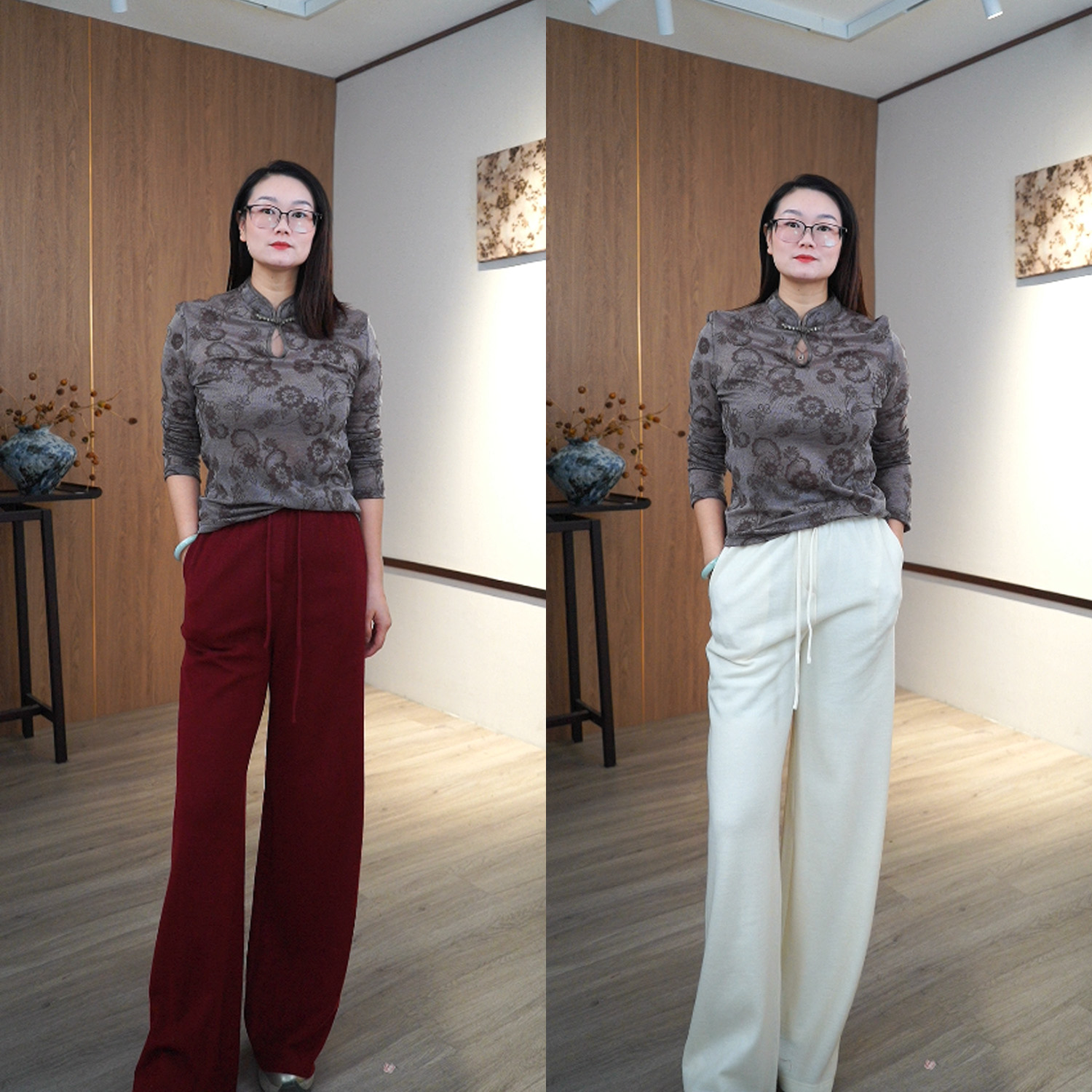 高腰夏季秋冬格纹极简风休闲裤阔腿裤宽松中式针织羊毛阔腿裤4901