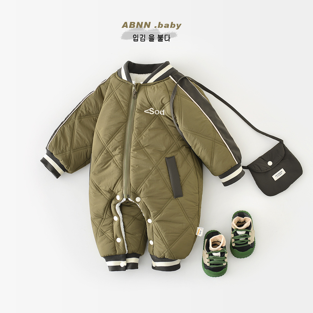 男童秋冬加厚爬服2025新款宝宝菱格绗棉婴幼儿加绒保暖韩版连体衣