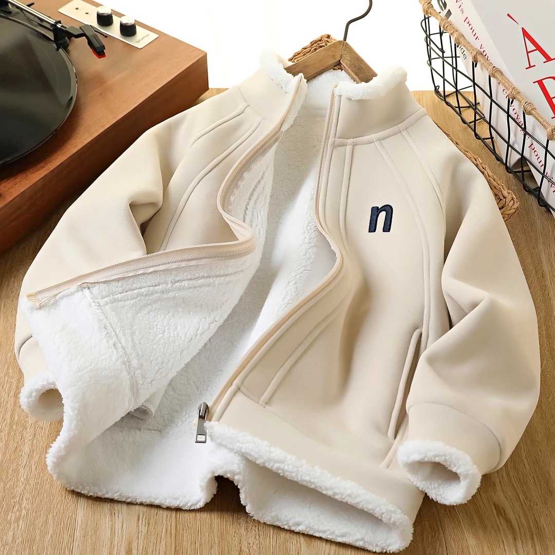 男女童加绒加厚外套2025新款炸街帅气羊羔绒中大儿童冬装卫衣开衫