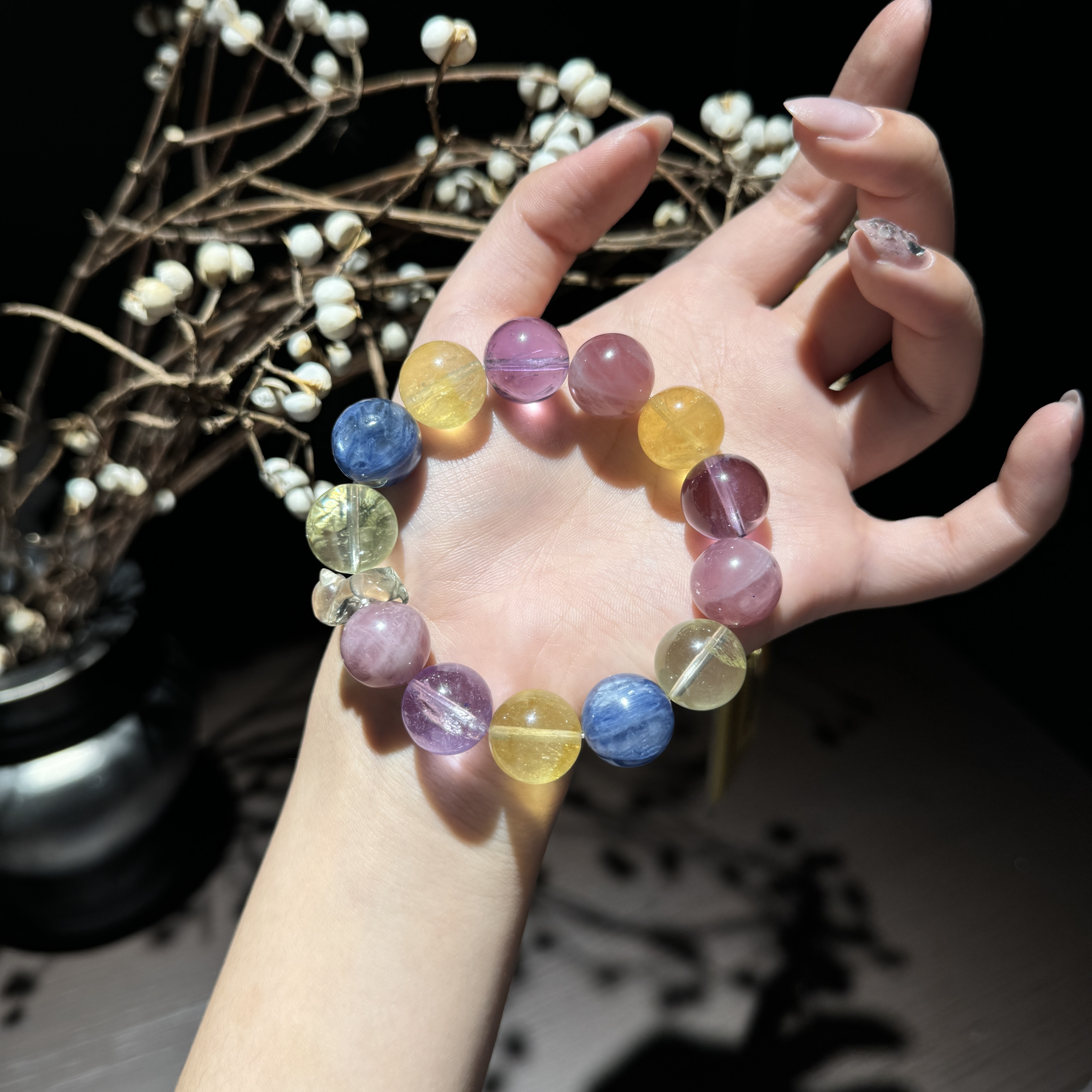 *彩璃幻梦*天然紫水黄水紫马粉黄金萤石手串F