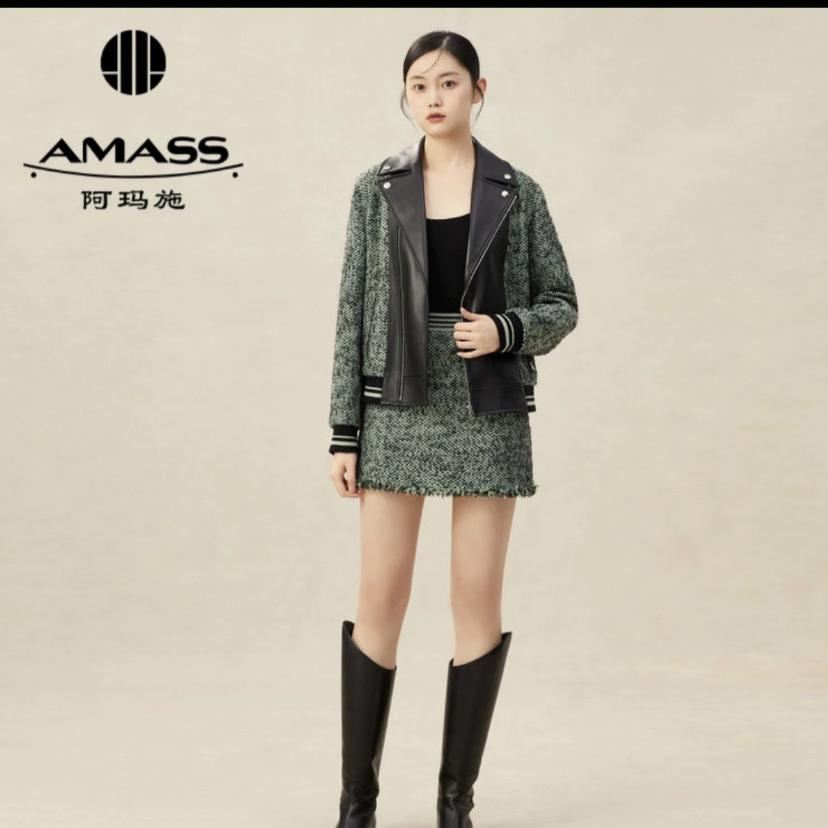 阿玛施AMASS新款复古翻领拼接复古千金小香花呢夹克外套5400639