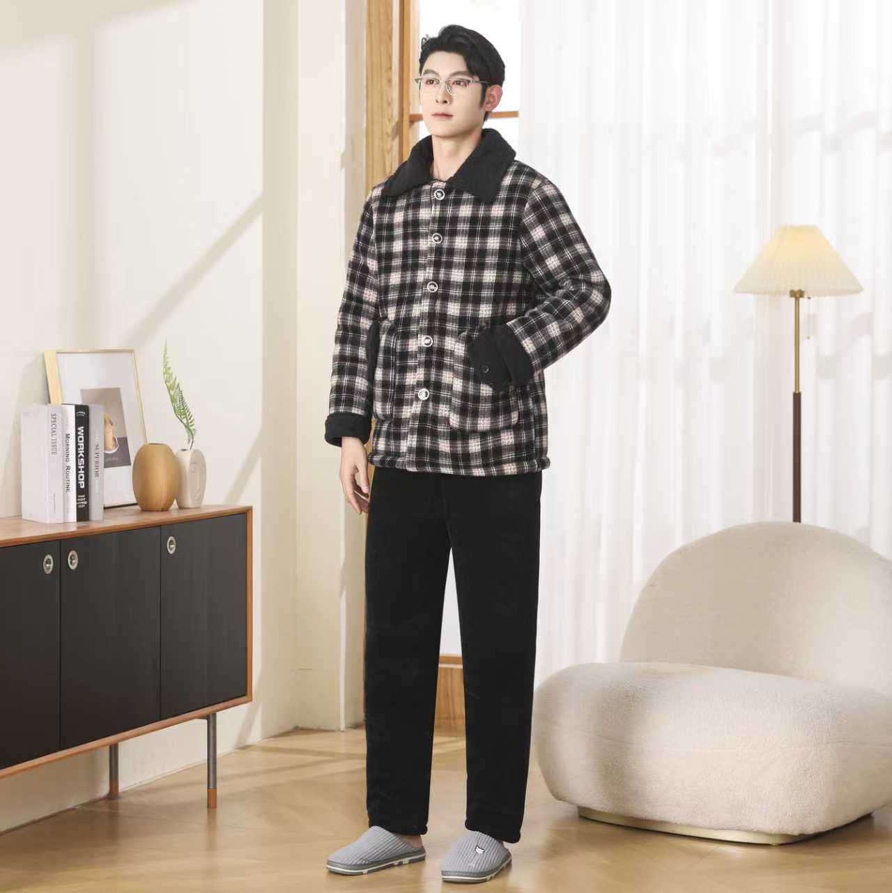 冬季新款男士青年加厚加绒格子休闲家居服套装睡衣可外穿867