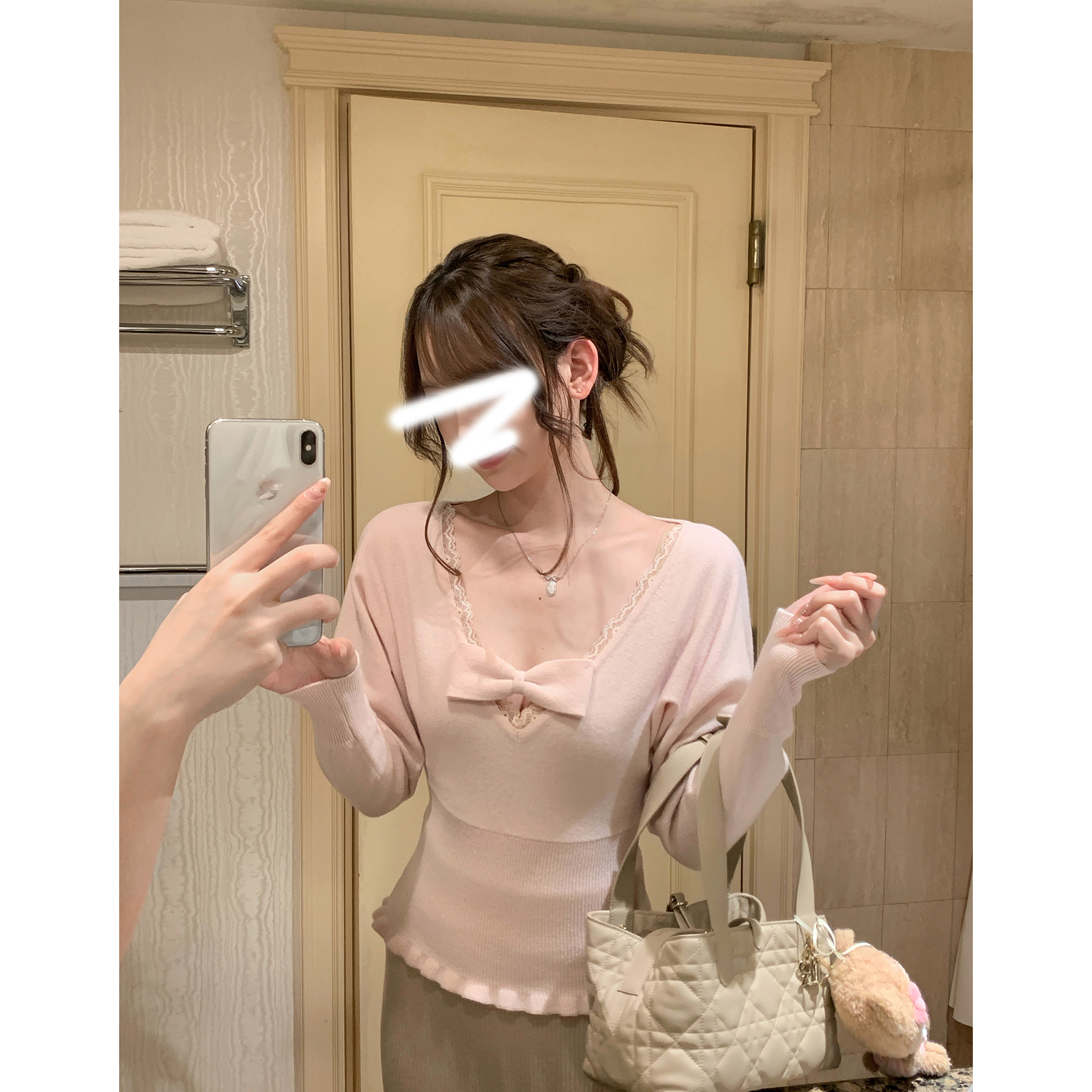 桃系私藏 蕾丝挂脖胸衣温柔风甜美蝴蝶结毛衣收腰粉色针织衫套装