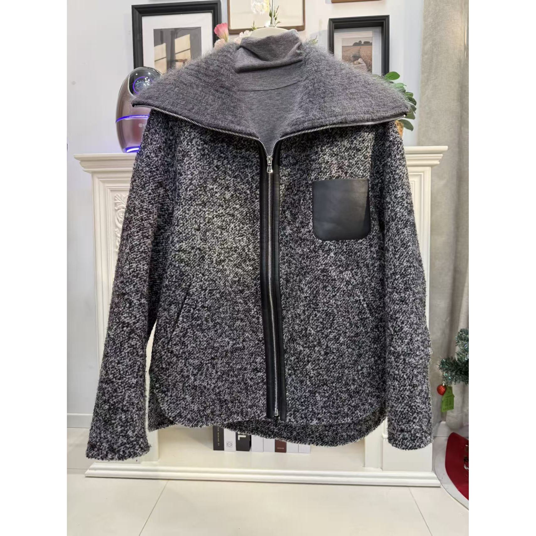 羊驼毛绵羊毛翻领花灰色外套*来末YL121