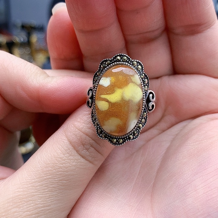 琥珀裸石银S925镶嵌戒指