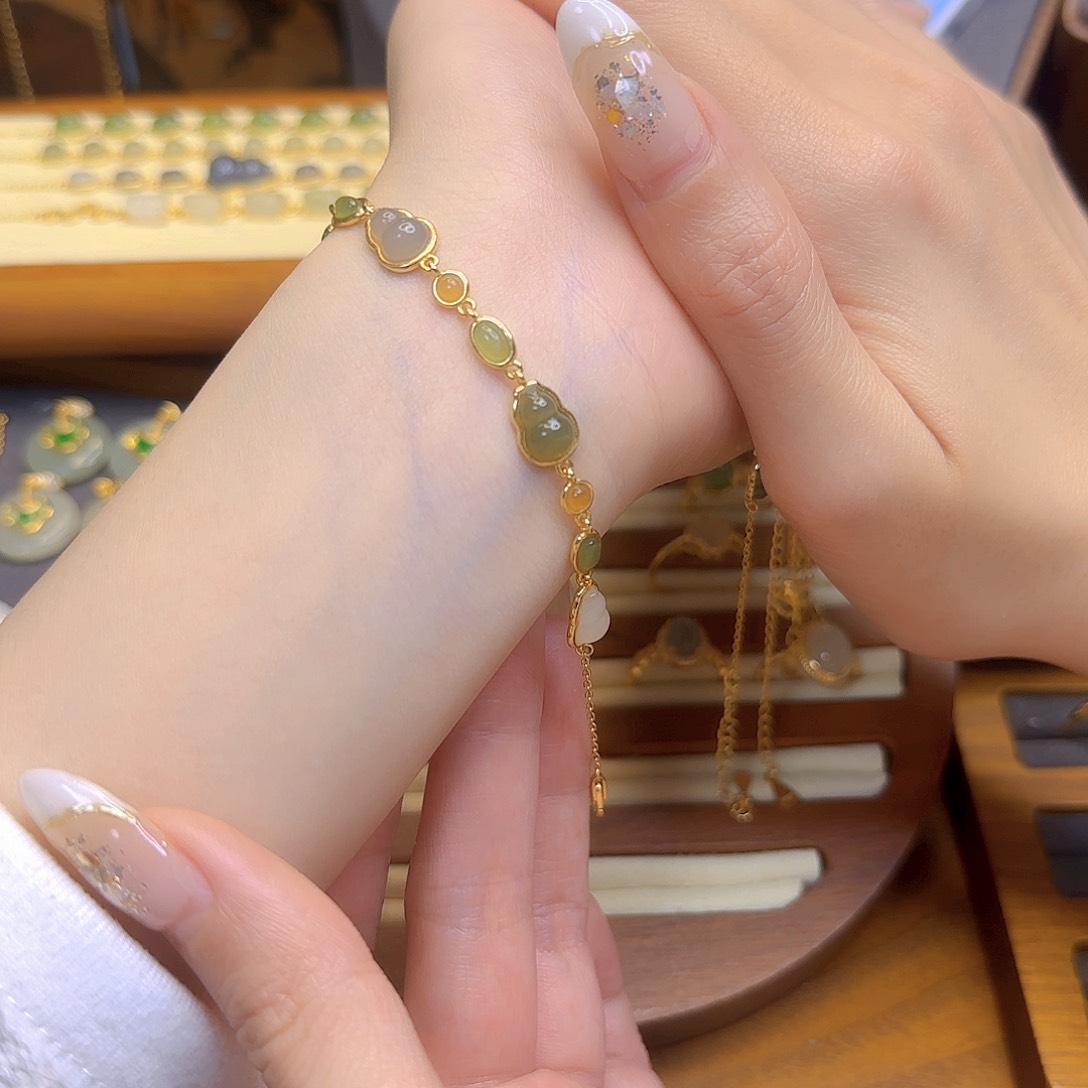 和田玉手链银S925镀金镶嵌