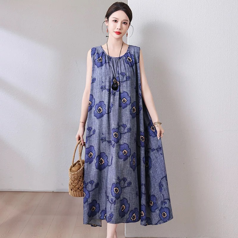 夏季遮肚无袖时尚中长款过膝吊带宽松大码背心裙