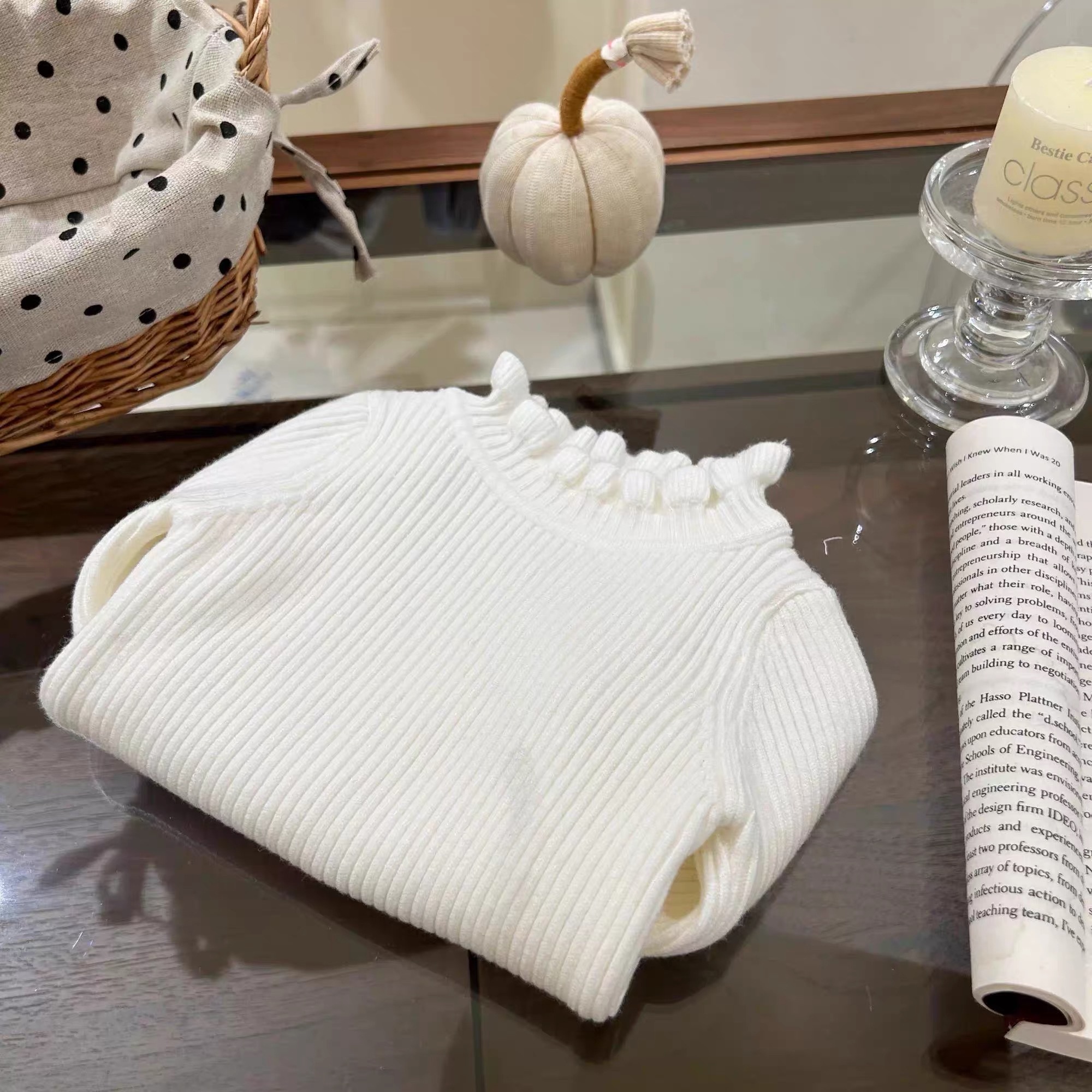 【100%羊绒】木耳边打底衫 女童纯羊绒打底花苞领薄款