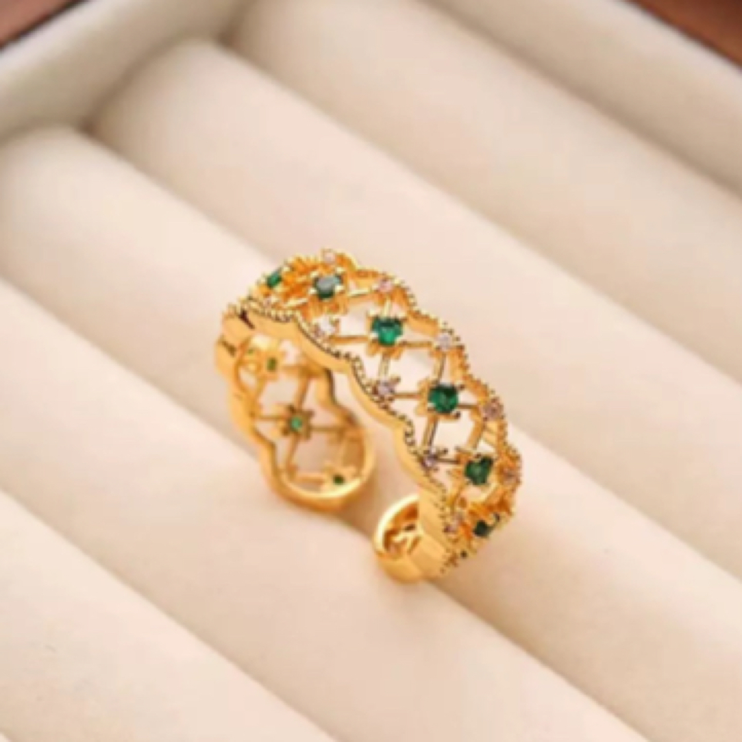 铜合金玻璃戒指 复古绿色锆石镂空蕾丝戒指小众设计感气质指环