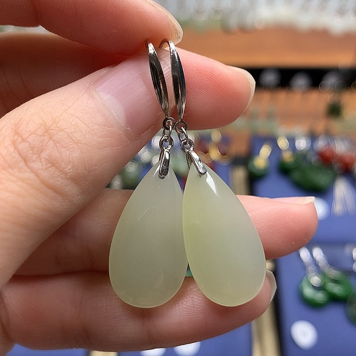 和田玉银S925镶嵌耳饰大号水滴24.5左右晴水