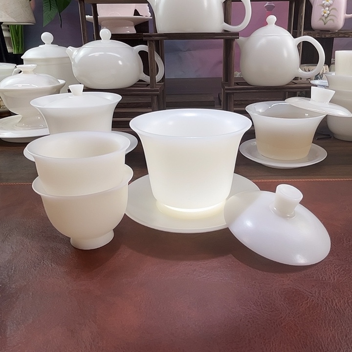 隐唐窑/璞玉素烧150ml马蹄盖碗+2反口杯