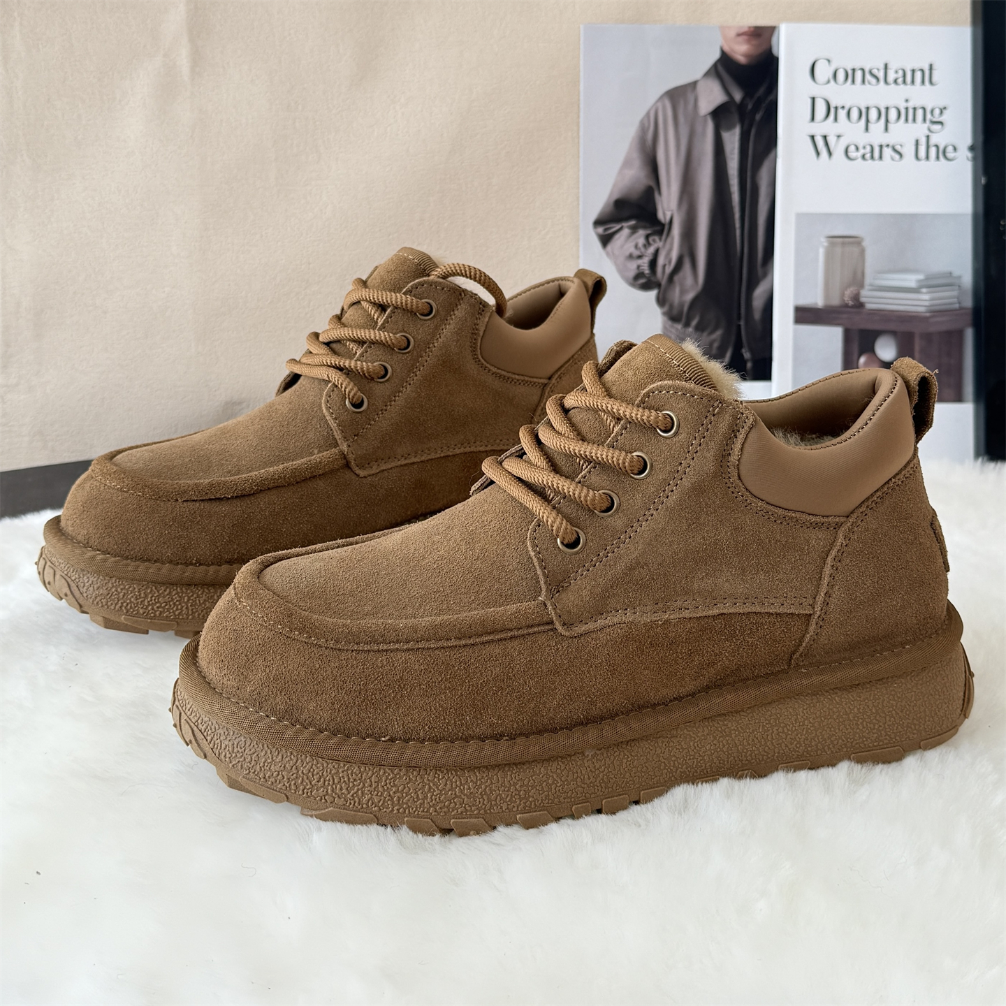 UZ7936全羊毛雪地靴男款皮毛一体防水防滑户外100%真羊毛雪地靴男