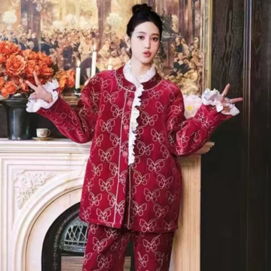 女士冬季三层夹棉加厚保暖蝴蝶元素睡衣家居服庄周晓梦冬