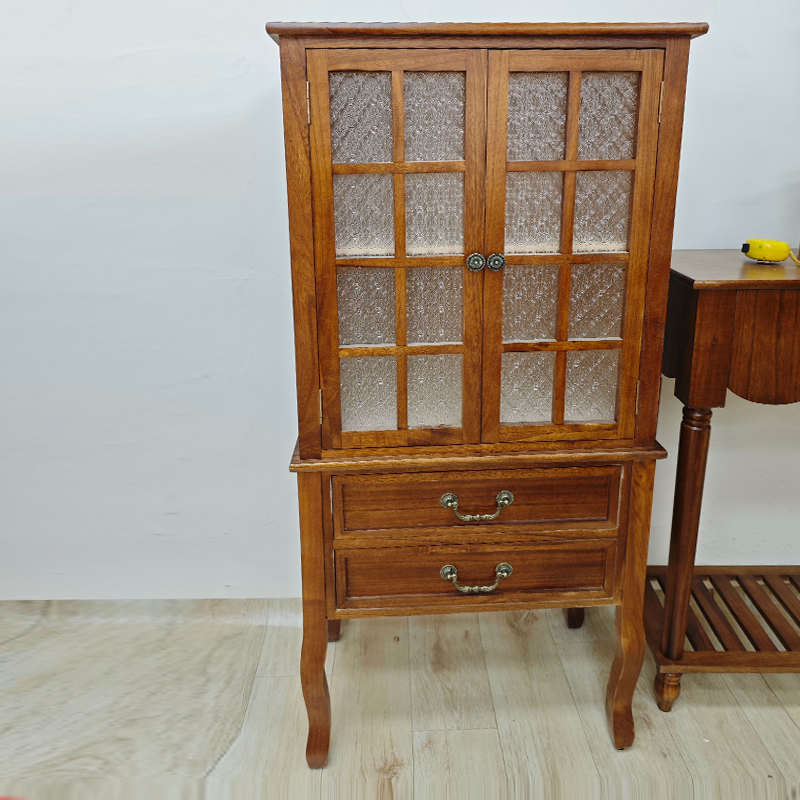 实木双门玻璃酒柜复古风格家用客厅展示餐边柜