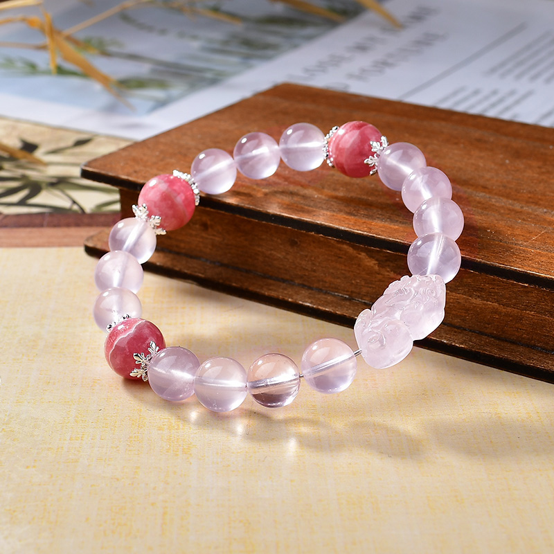 【弱水水晶手串】天然高货粉水晶红纹石粉貔貅，招财招爱情女款