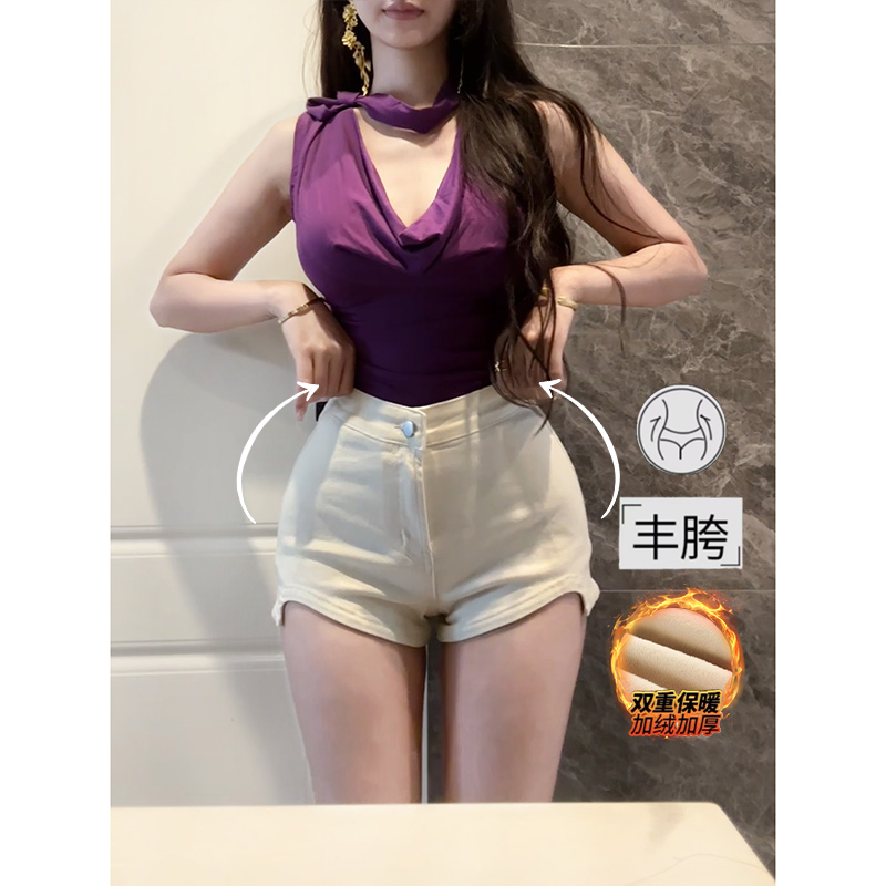 性感丰胯牛仔短裤女2025冬季加绒新款百搭不规则弧形高腰显瘦热裤