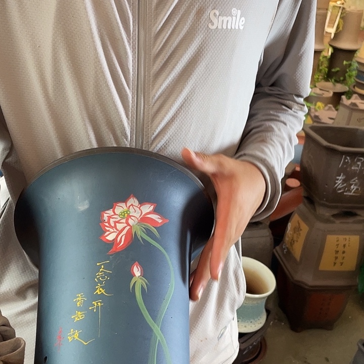 宜兴紫砂花盆一念花开蓝色大