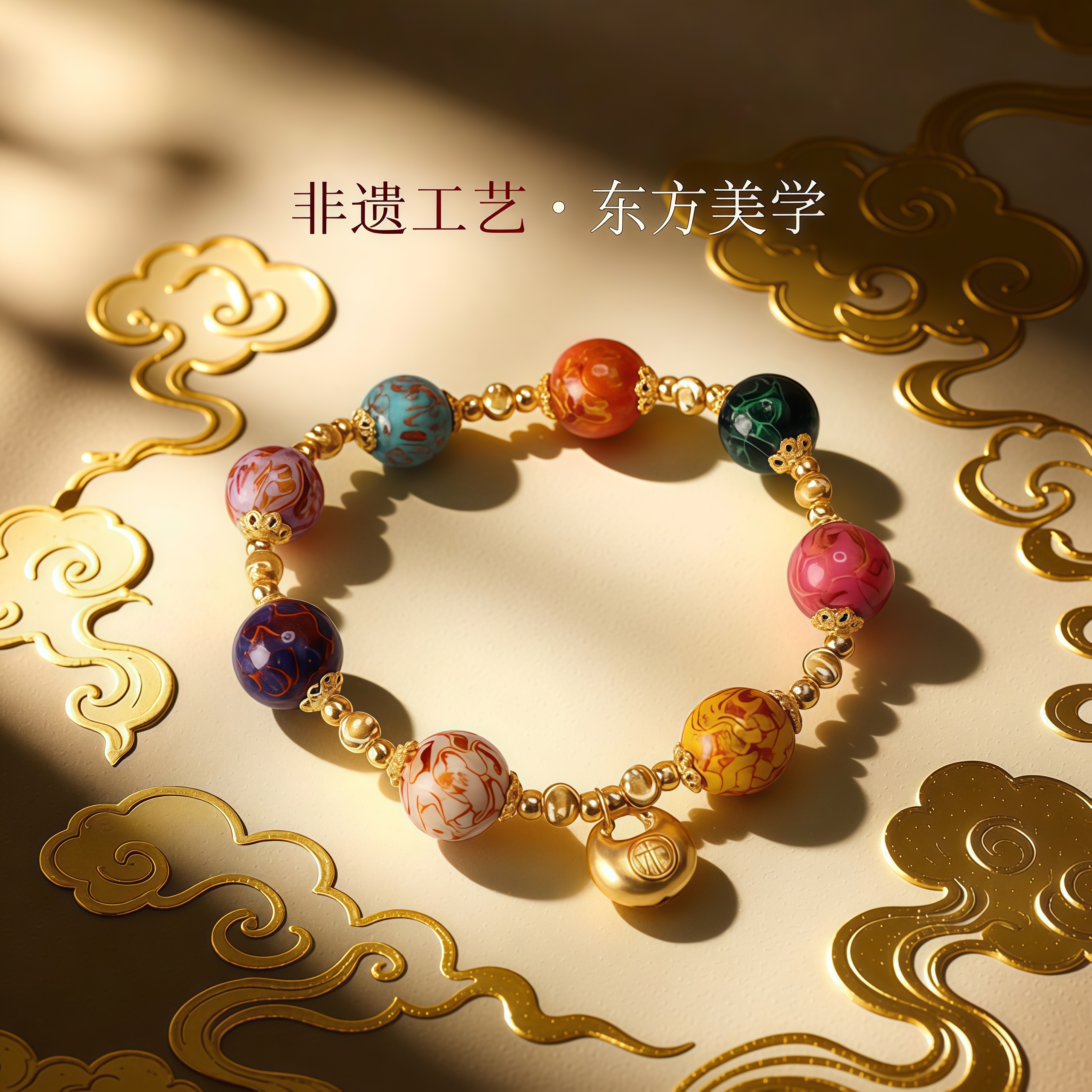 12期免息【中国黄金】足金彩圆珠手链大漆鎏彩珐琅工艺十全十美黄金