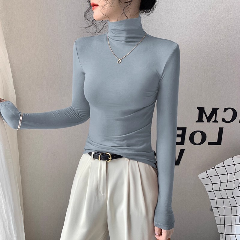 莫代尔黑色高领打底衫女秋冬季新款内搭高级感堆堆领修身长袖上衣