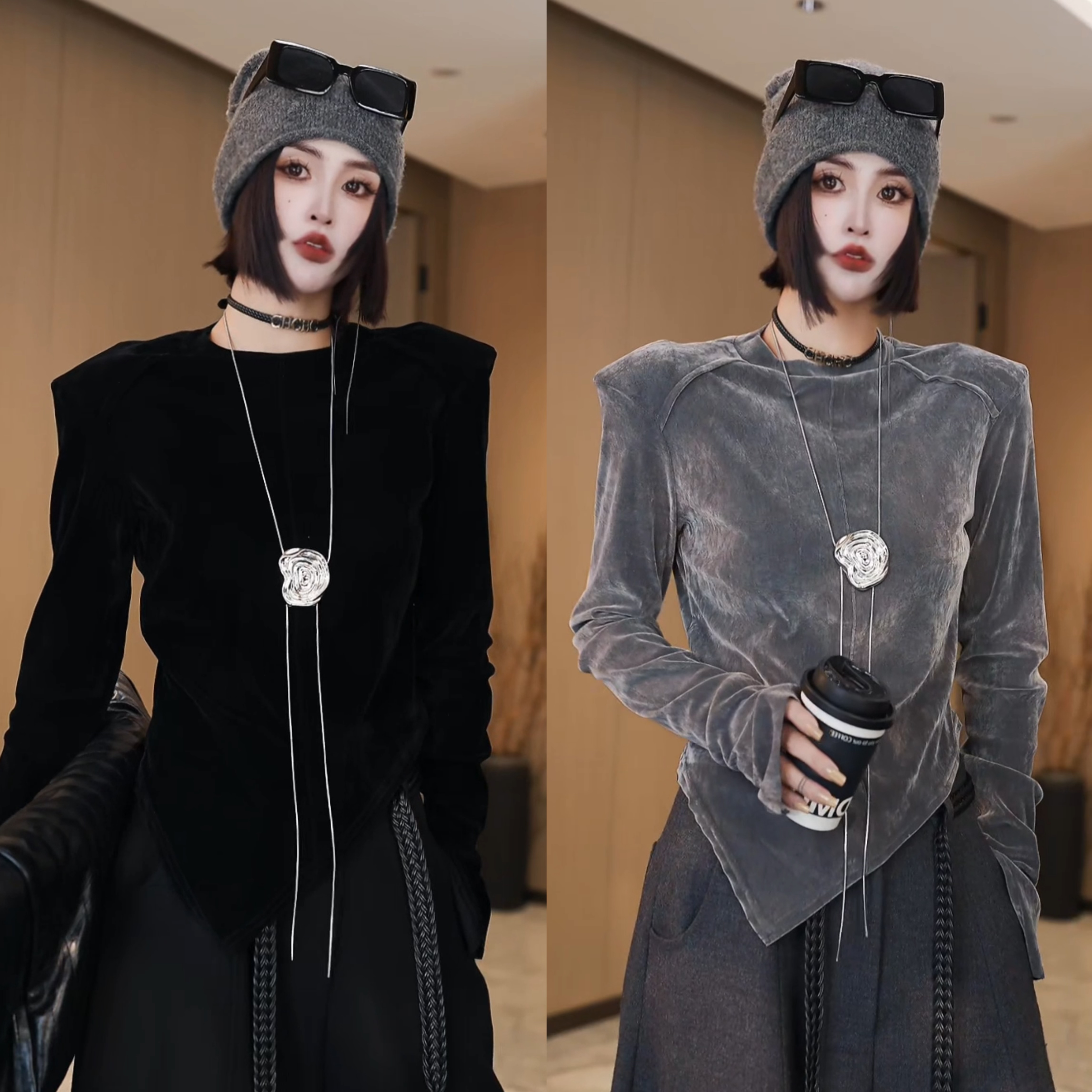 小众设计感显瘦垫肩2025新款百搭修身天鹅绒打底衫时尚上衣W3695